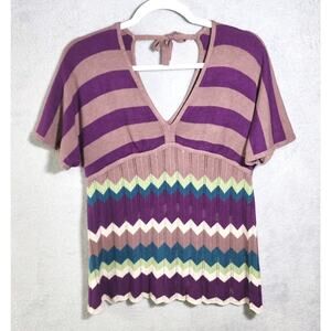 American Attitudes Crochet Knit Top Zig Zag Plunge V-Neck Boho Y2K Womens XL